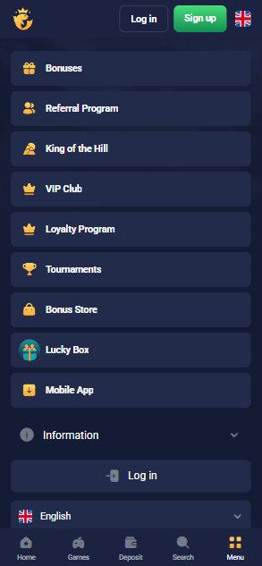 Joo Casino menu page