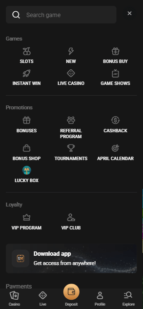Slot Mafia menu
