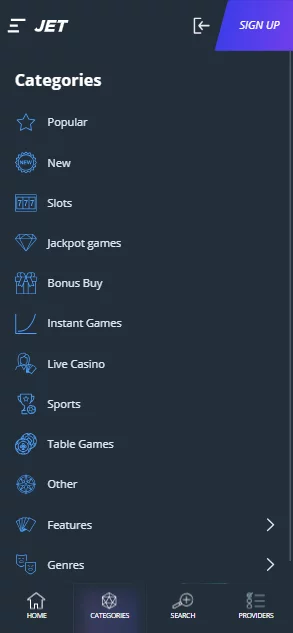 Jet casino menu